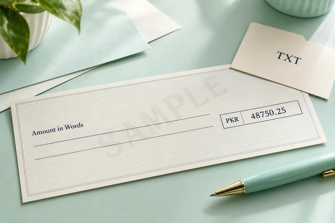 Fictional sample cheque marked PKR beside a pen and a TXT file card.