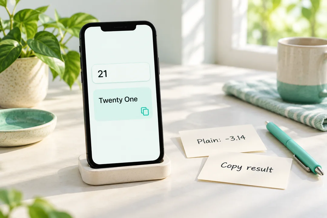 The smartphone is showing 21 as twenty-one beside notes about copying and negative numbers.