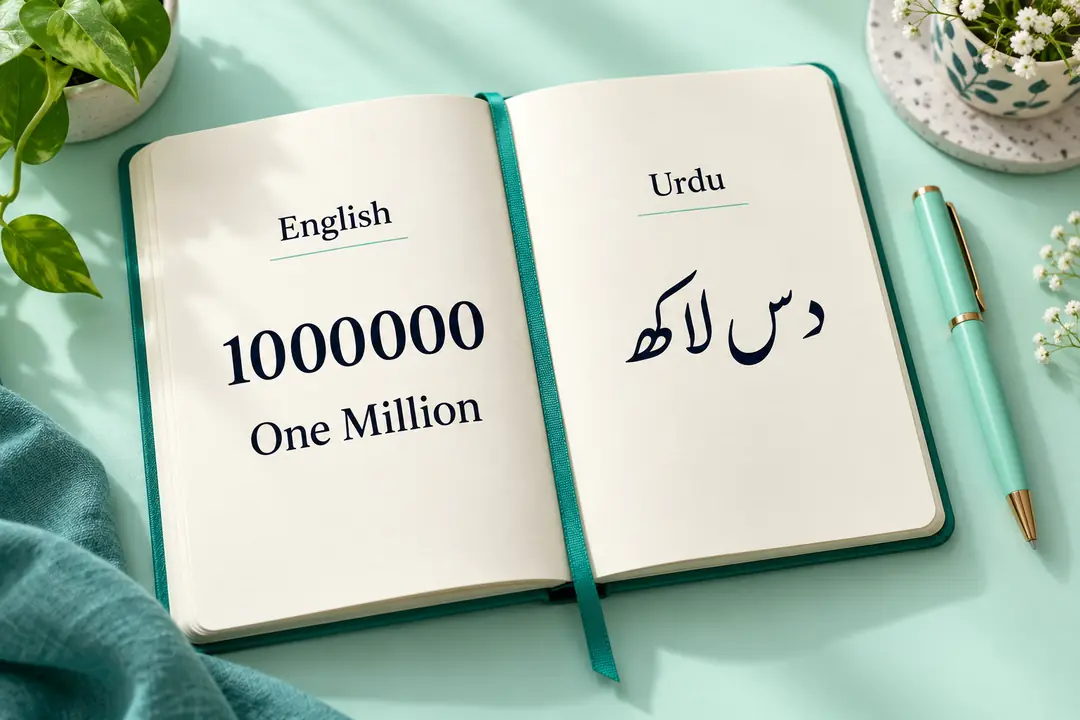 Open a notebook comparing One Million in English with دس لاکھ in Urdu.