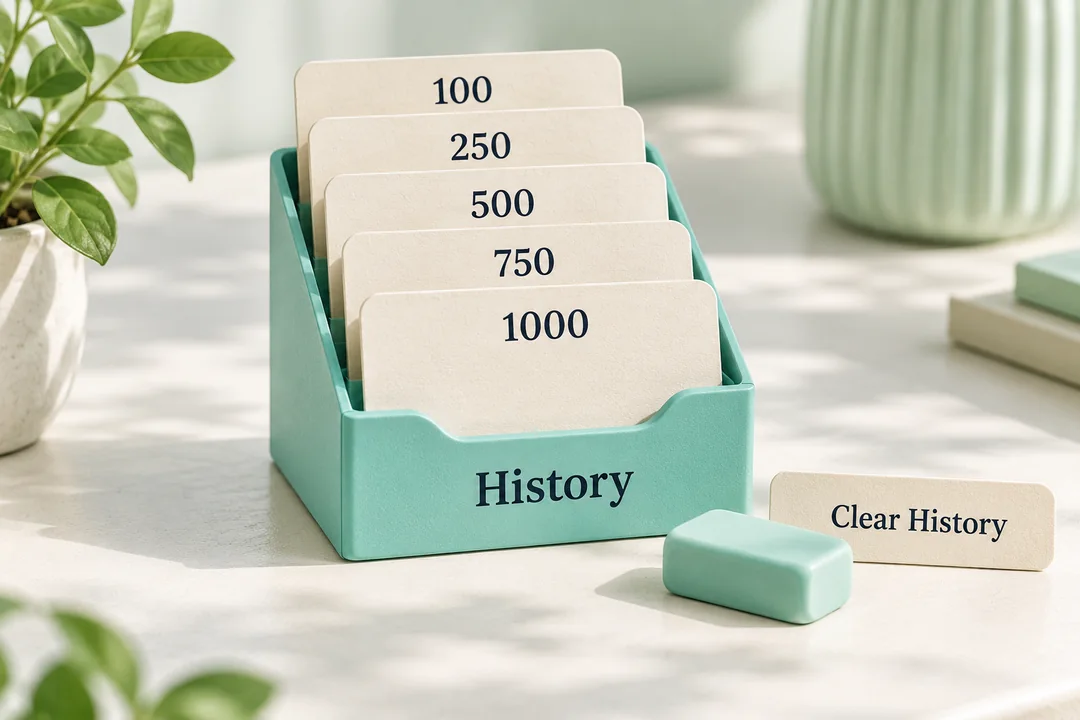 Five saved amount cards in a history organizer beside a Clear History tab.