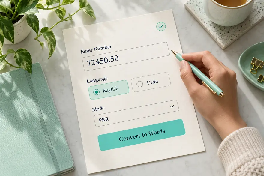 Hand completing a number conversion worksheet with amount language and mode fields.