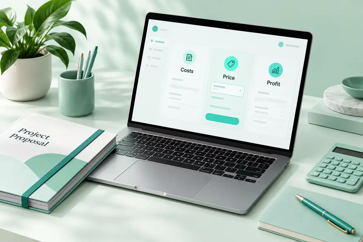 Illustrative freelancer pricing workspace with a laptop, project proposal, and calculator.