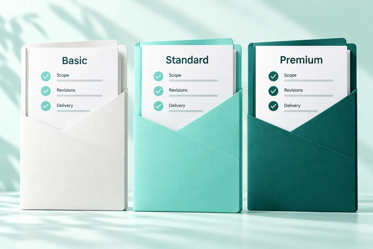 Basic, standard, and premium service proposal folders with scope, revisions, and delivery checklists.