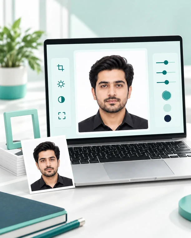 Laptop displaying a document portrait beside a matching photo print