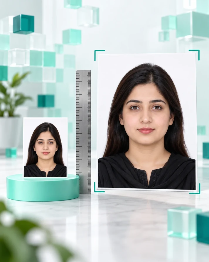 Document photo cards beside a ruler and an abstract pixel grid.