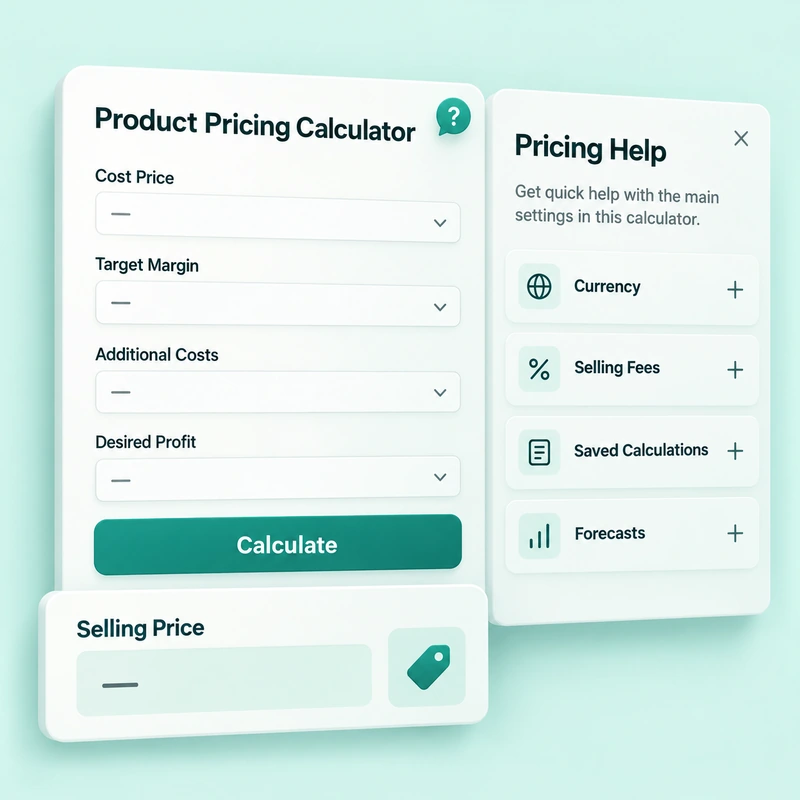 Pricing help panel with questions about currency, selling fees, saved calculations, and forecasts.