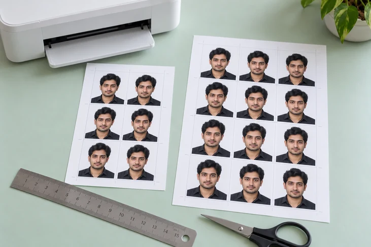 Photo printer beside sheets of repeated document portraits, a ruler, and scissors.