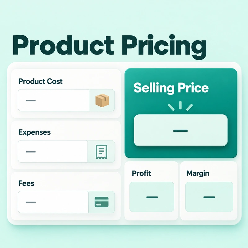 Product pricing calculator concept showing product cost, expenses, and fees beside selling price, profit, and margin cards.