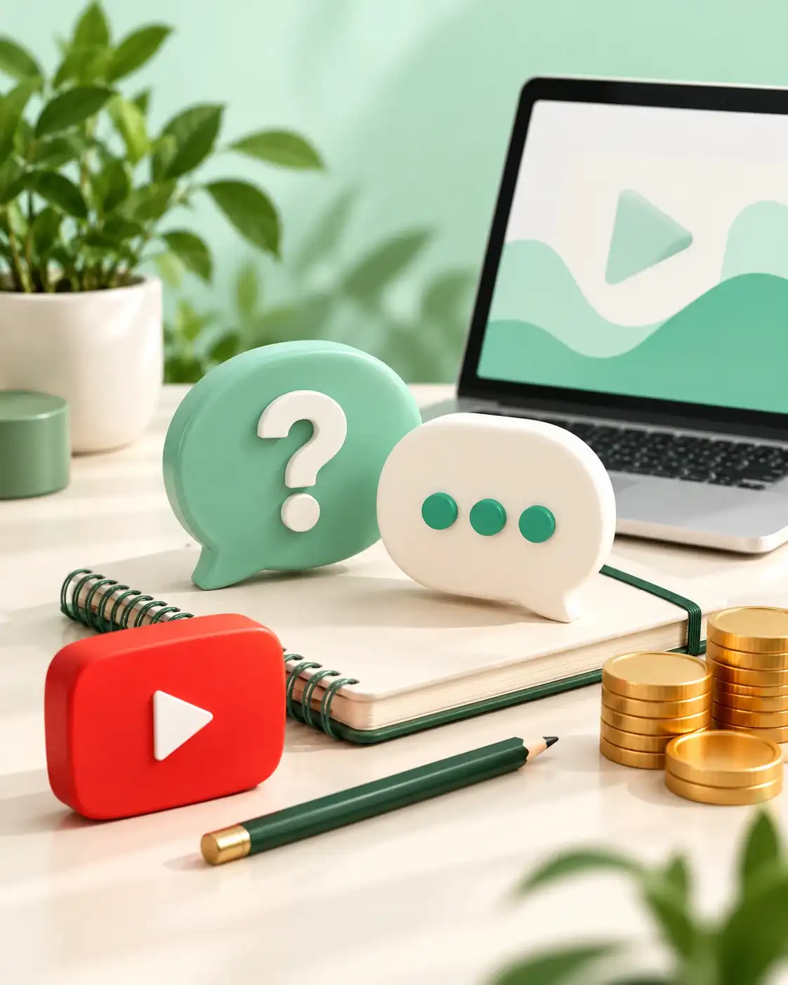 Mint question-and-answer speech bubbles beside a notebook and video play symbol