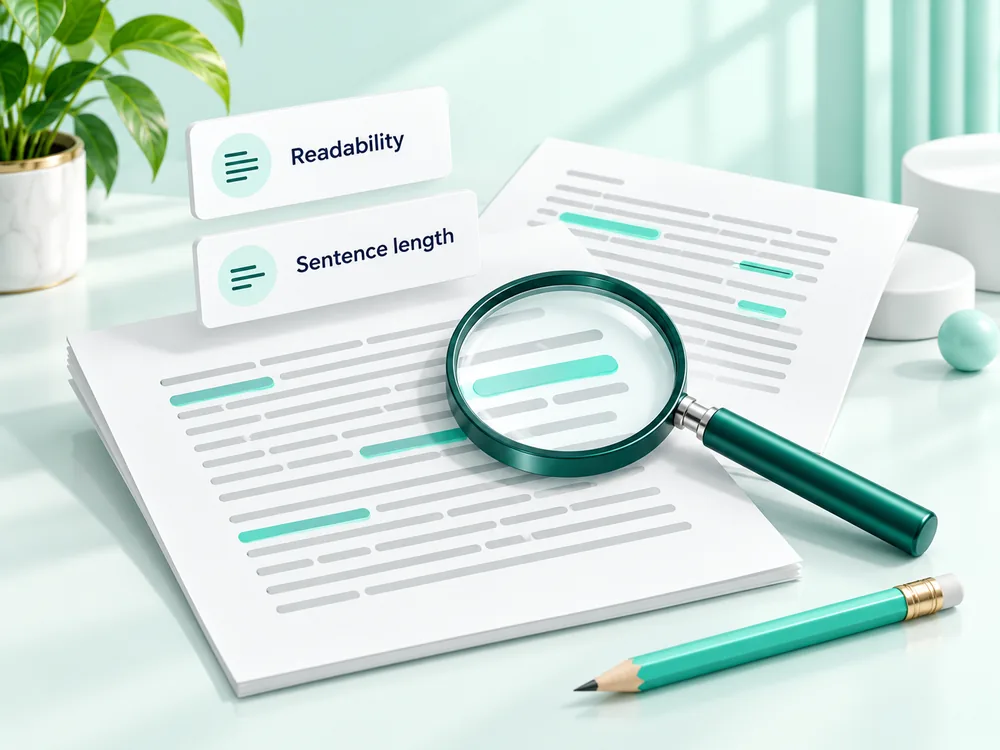 A magnifying glass and editing pencil beside a document with readability and sentence length cards.