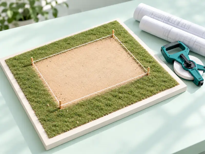 Rectangular plot model marked by corner stakes and string. beside a survey tape.