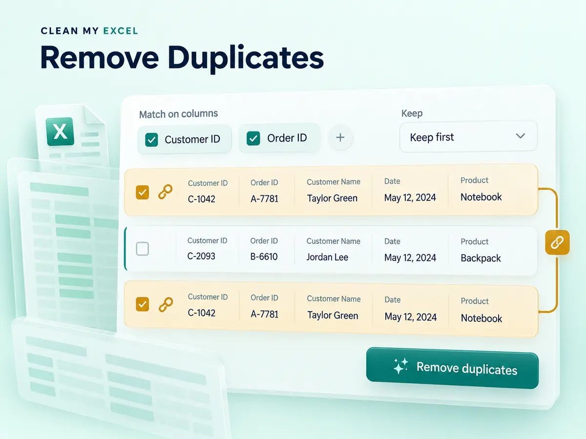 Duplicate matching card with customer ID and order ID keys and a keep-first control.