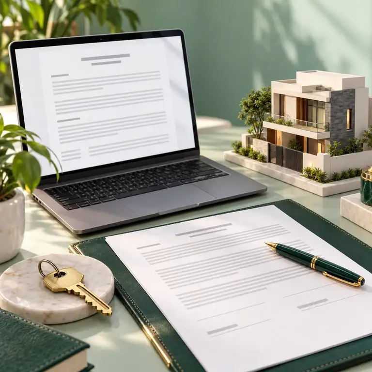 Laptop displaying an illustrative rental document beside a house model, agreement papers, and keys.