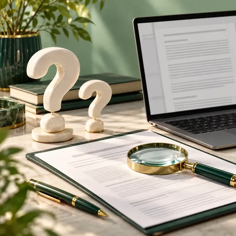A document, a magnifying glass and two understated question-mark objects representing drafting help.