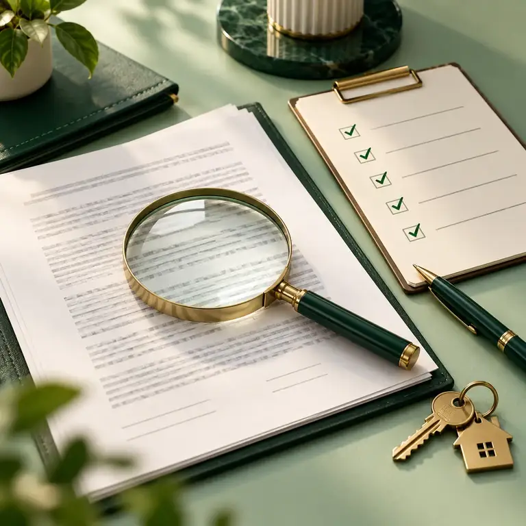 Magnifying glass over abstract agreement paragraphs beside an unmarked review checklist and pen.