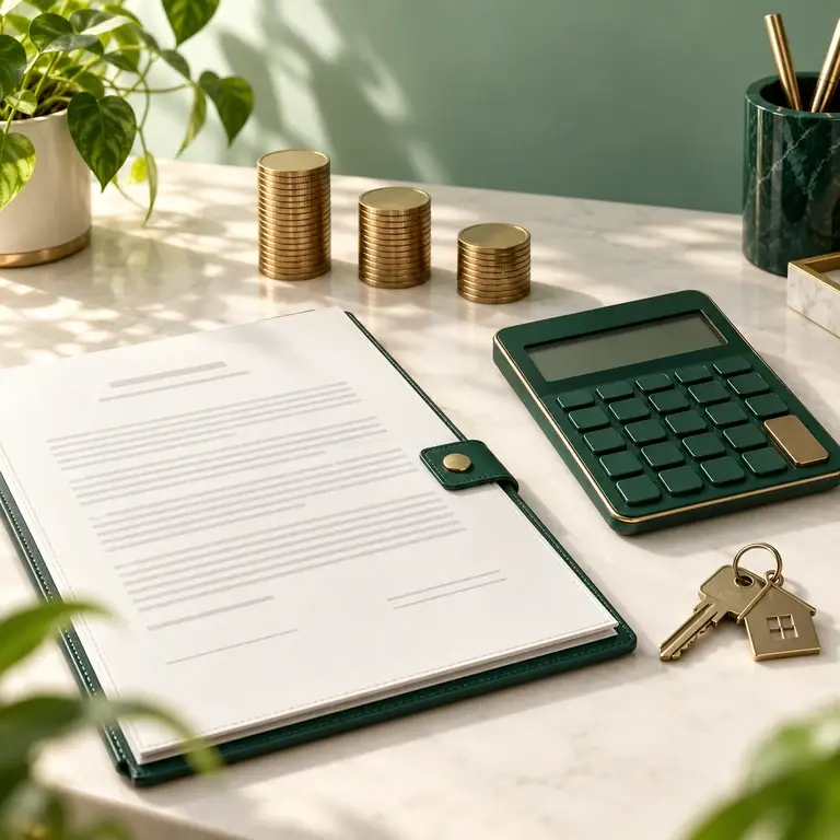 Calculator with a blank display, unmarked brass tokens, and rental paperwork on an ivory desk.