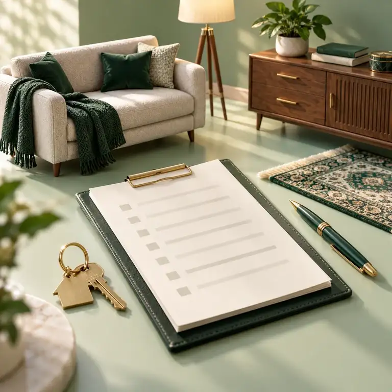 Miniature furniture, a clipboard with abstract inventory marks and keys representing property condition and handover.