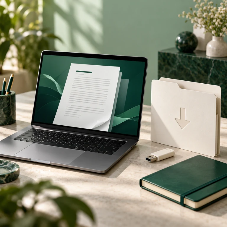 Laptop with an abstract document and a local backup folder beside a closed privacy-themed notebook.