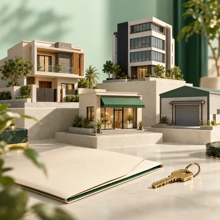 Architectural models of a house, shop, office building, and warehouse beside a folder and keys.