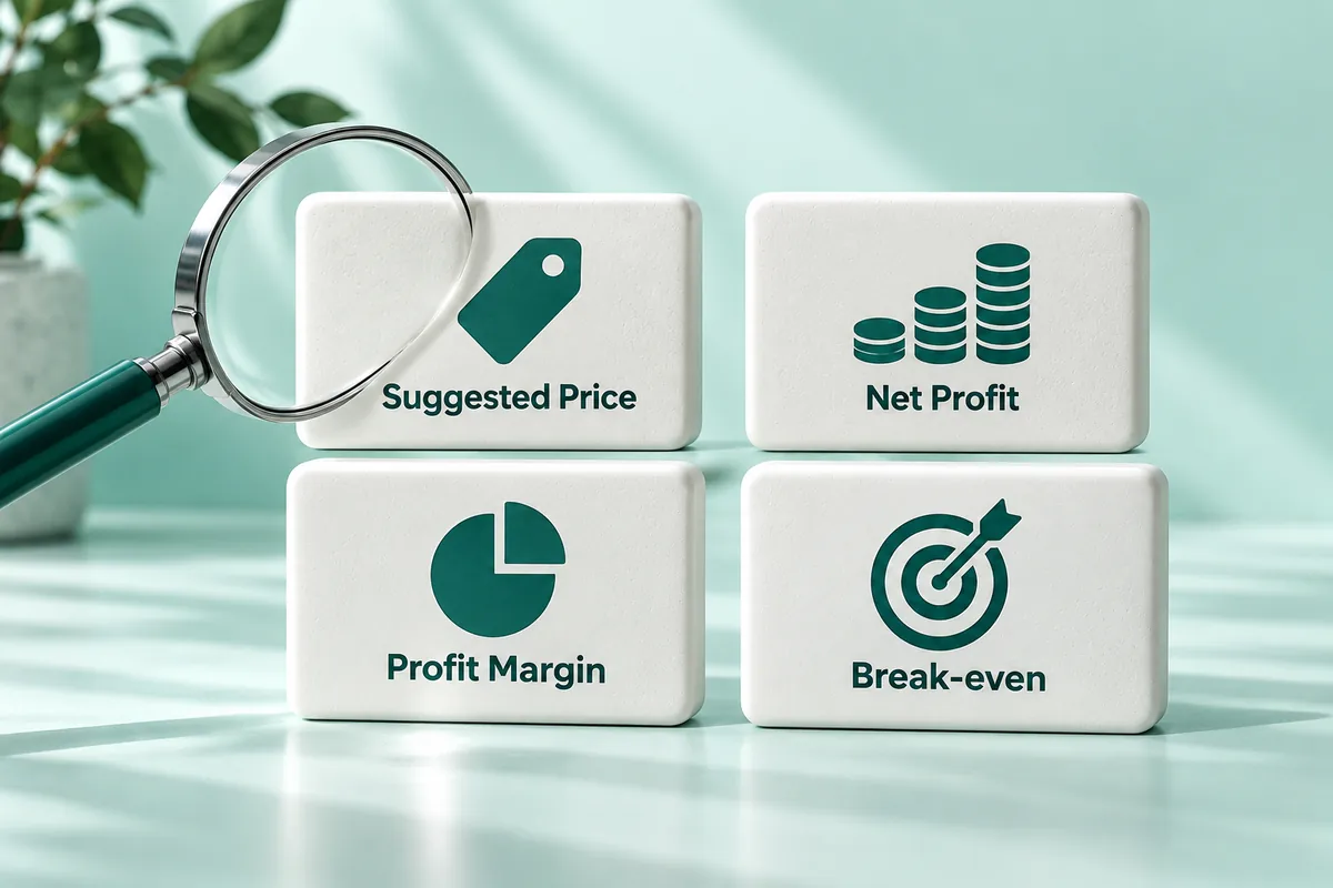 Result cards labelled Suggested Price, Net Profit, Profit Margin, and Break-even.