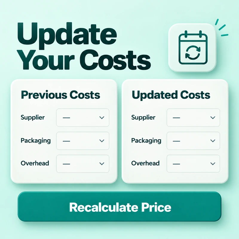 Cost-review interface comparing previous and updated supplier, packaging, and overhead inputs.