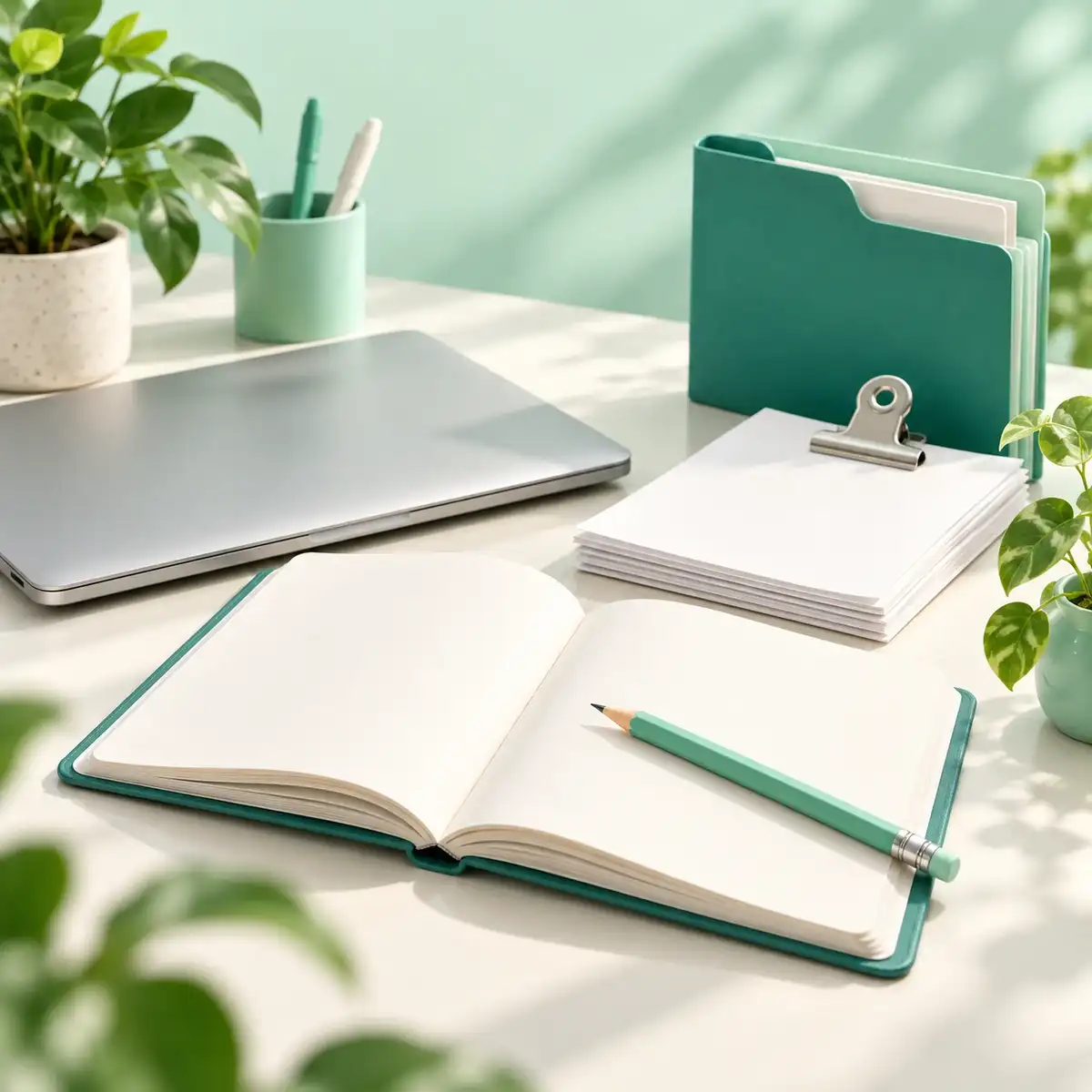 A blank workbook and neatly clipped report sheets beside a teal folder and closed laptop.