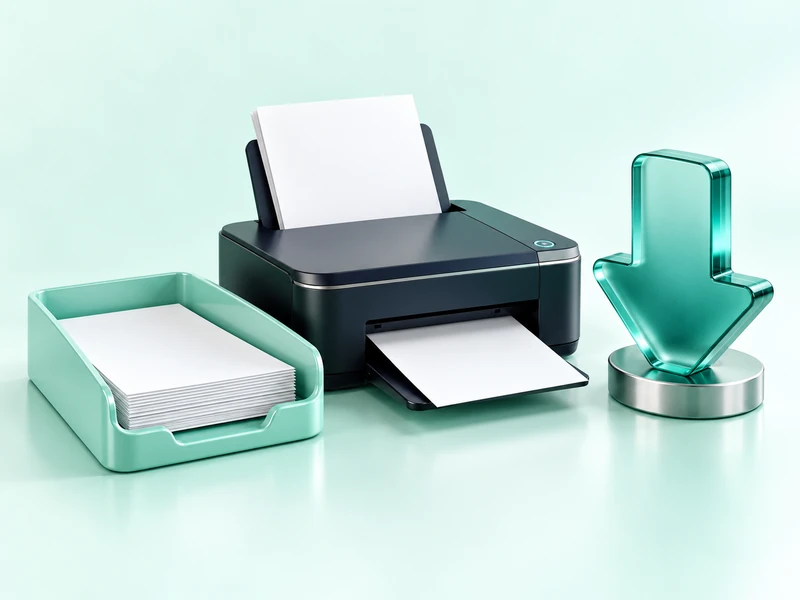 Printer, blank report sheets and a teal download arrow