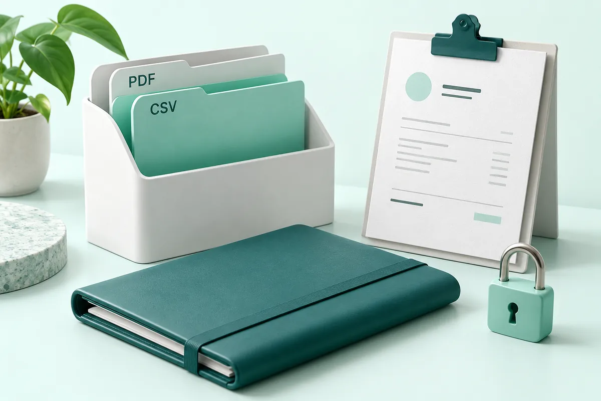 PDF and CSV folders beside a quotation clipboard and a closed scenario folder.