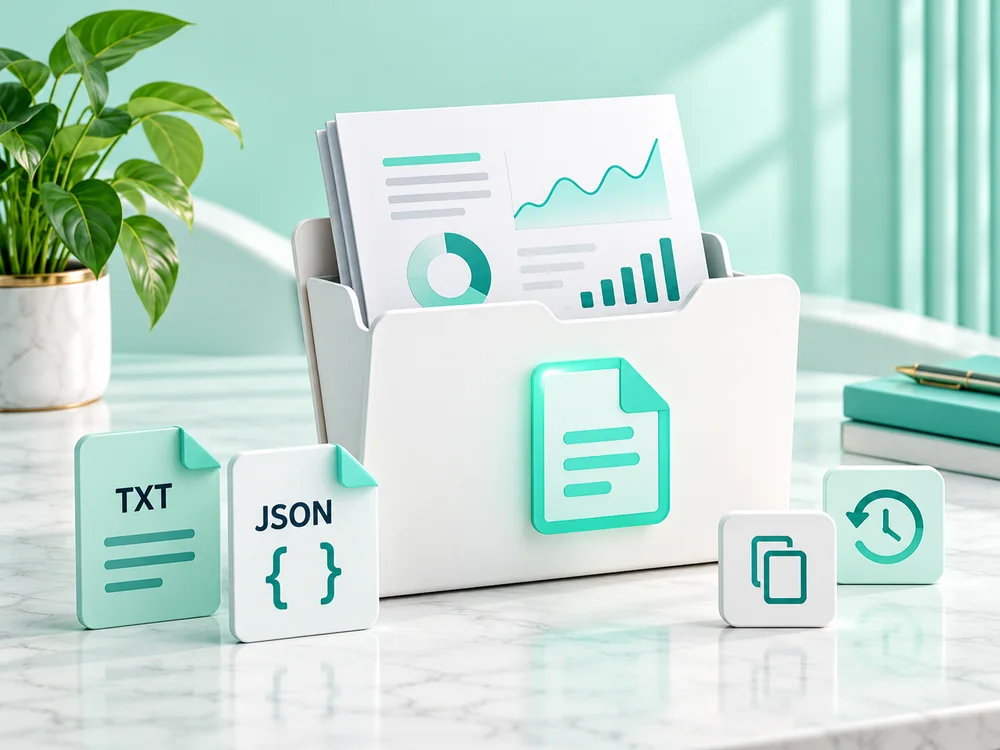 TXT and JSON report files beside a saved draft folder and copy symbol.