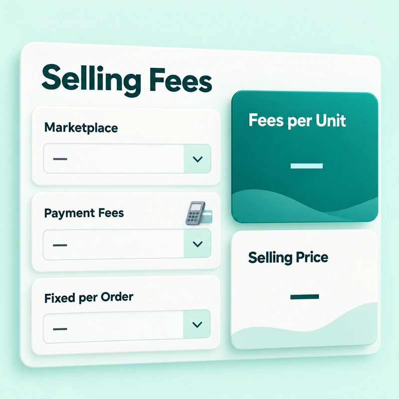 Selling-fee interface showing marketplace fees, payment fees, fixed order charges, and fees per unit.