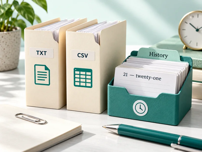 TXT and CSV folders beside a history organizer containing a twenty-one spelling slip.