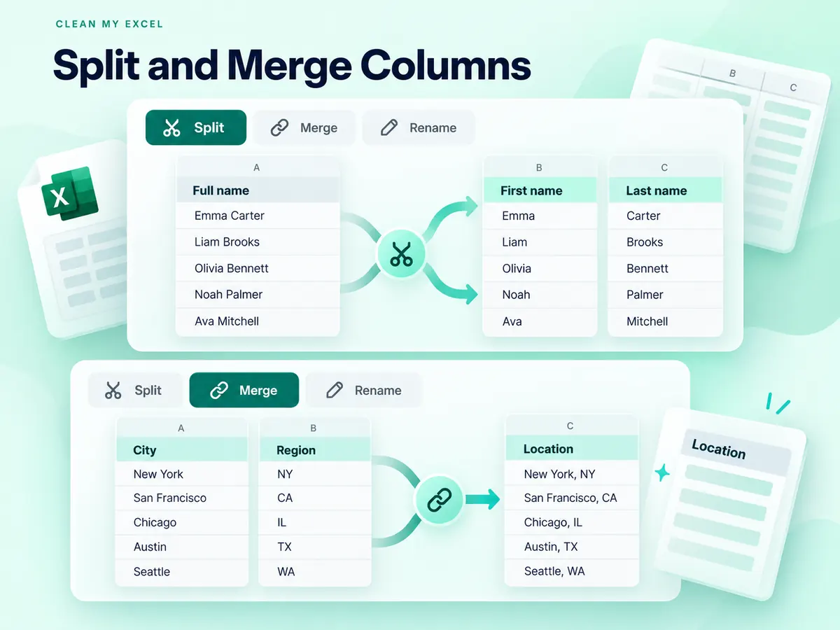 Spreadsheet columns with split merge and rename controls.