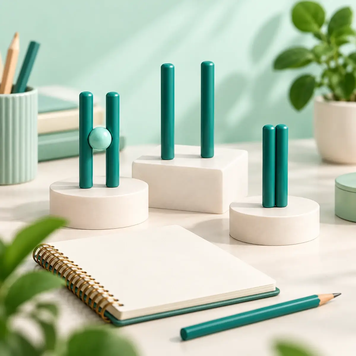 Three white stands displaying joined, separated, and nested teal rods as abstract study objects.
