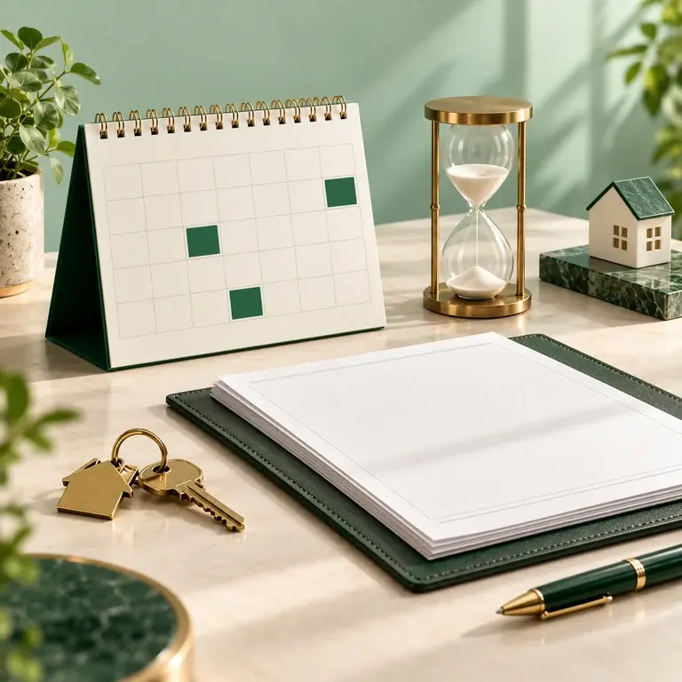 An unmarked calendar, house keys, and agreement papers representing tenancy dates and possession.