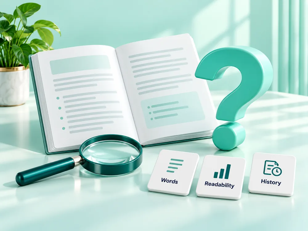 Question cards beside text analysis symbols for words, readability, and saved drafts.