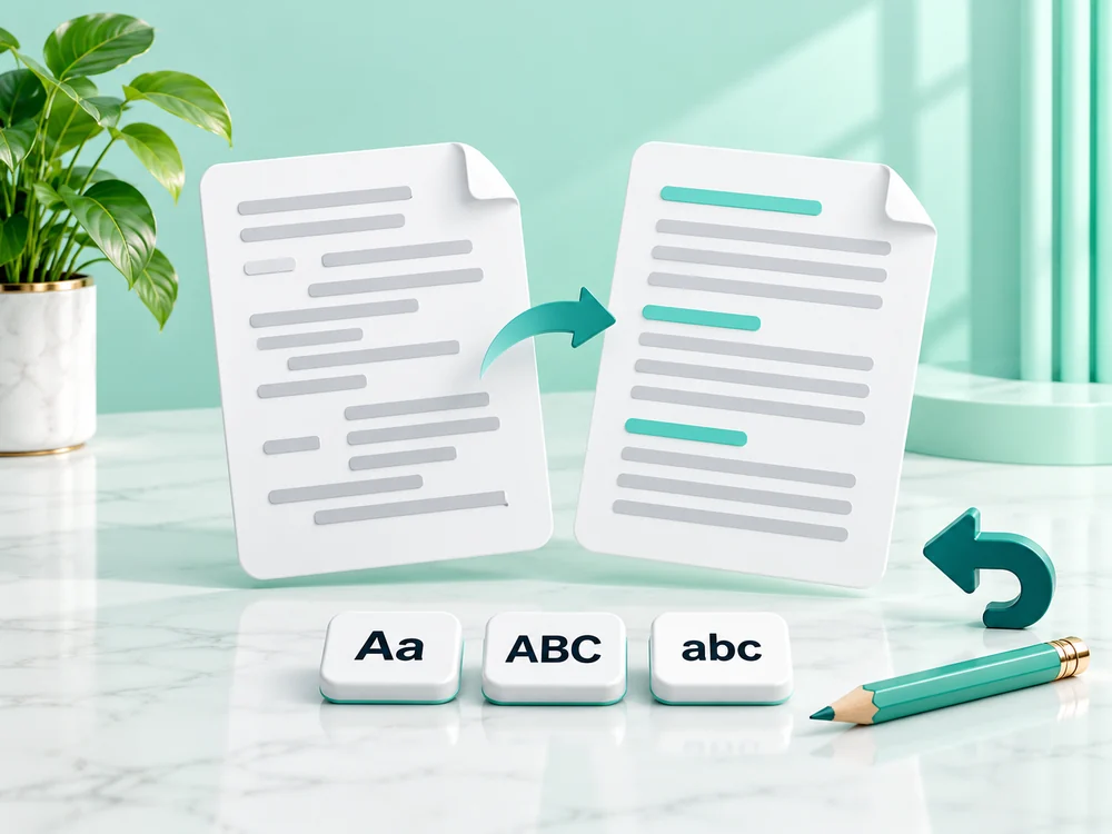 Untidy text strips beside neatly aligned paragraph cards and case conversion tiles.