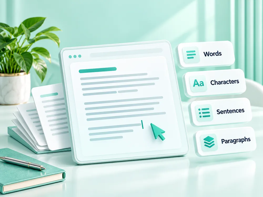 Text editor with word, character, sentence, and paragraph count cards.
