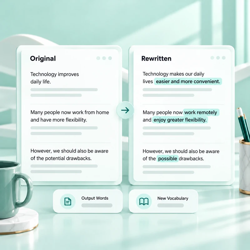 Original and rewritten passages side by side with highlighted edits and text metric labels.
