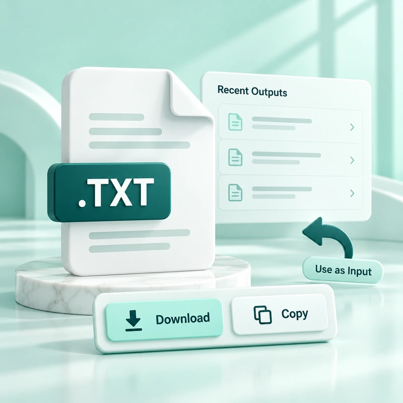 TXT file with Download, Copy and Use as Input controls beside a Recent Outputs list.
