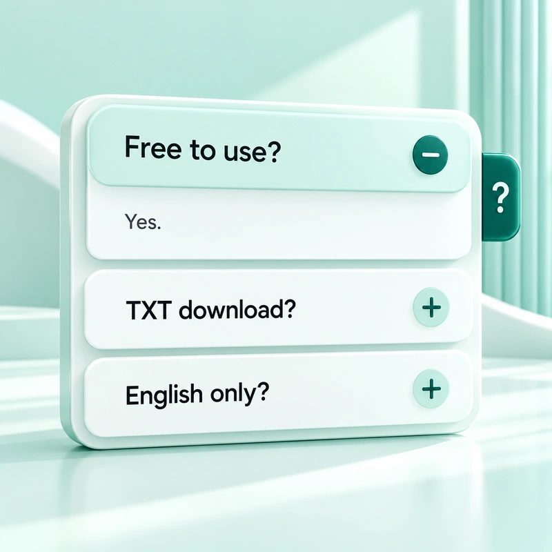 FAQ accordion with questions about free use, TXT downloads, and English text editing.