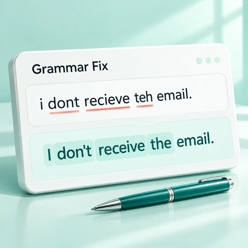 Grammar Fix correcting “i dont recieve teh email” to “I don't receive the email”
