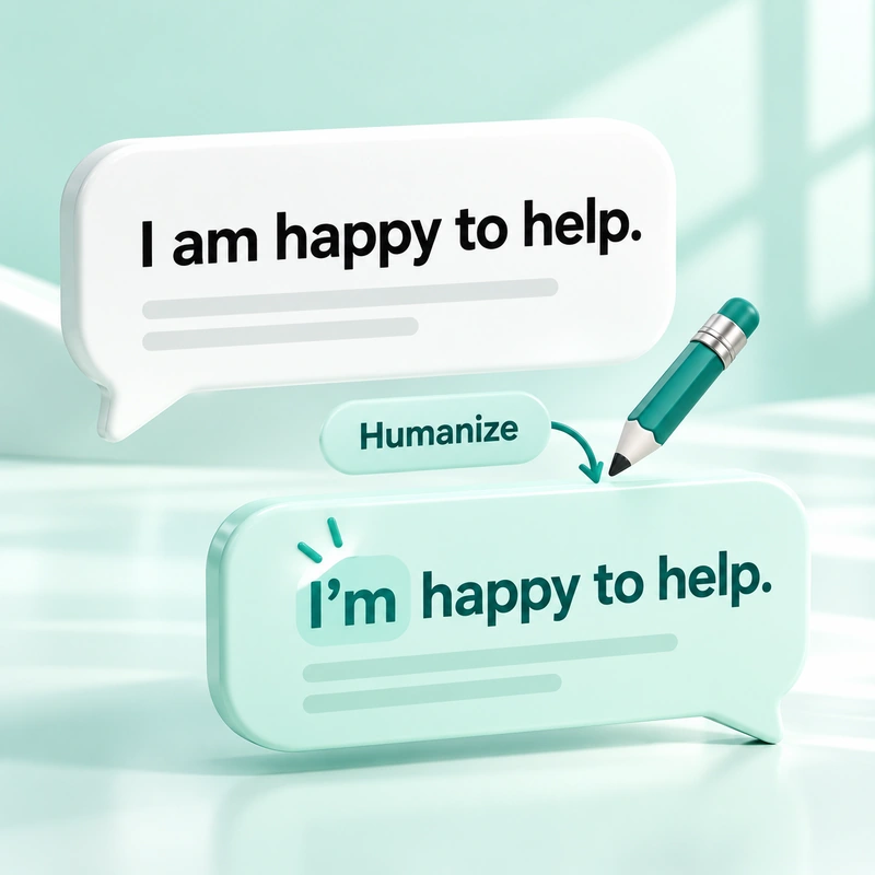 Humanize the example, changing “I am happy to help” to “I'm happy to help”.