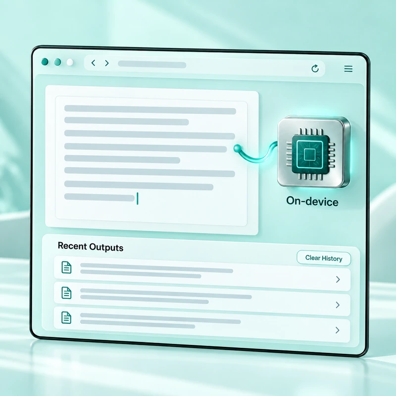 Browser window illustrating on-device text editing with Recent Outputs and Clear History.