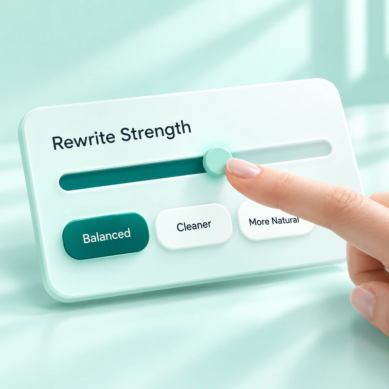 Rewrite the Strength slider with Balanced, Cleaner, and More Natural output options.