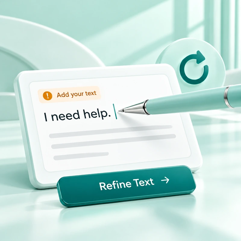 Text editor showing an Add your text prompt, a draft sentence, and the "Refine Text" button.