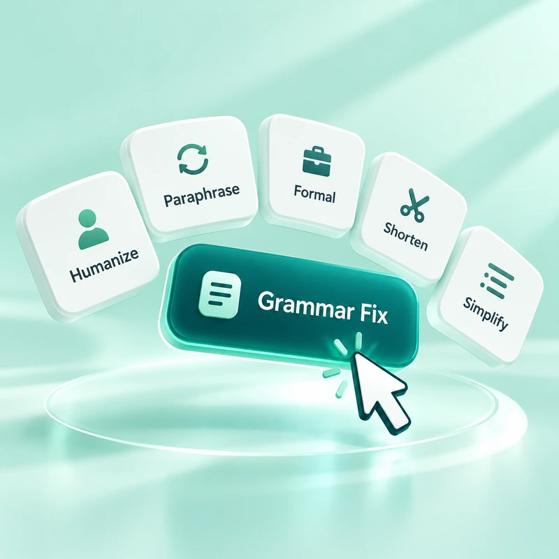 Writing mode selector with Grammar Fix, Humanize, Paraphrase, Formal, Shorten, and Simplify.
