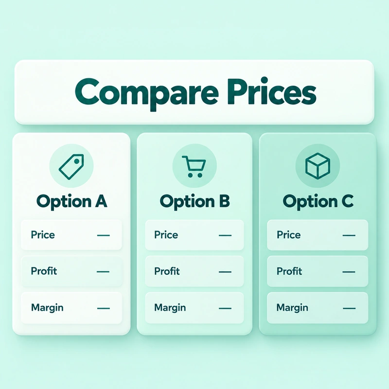 Three candidate pricing cards comparing price, profit, and margin without declaring a universal winner.