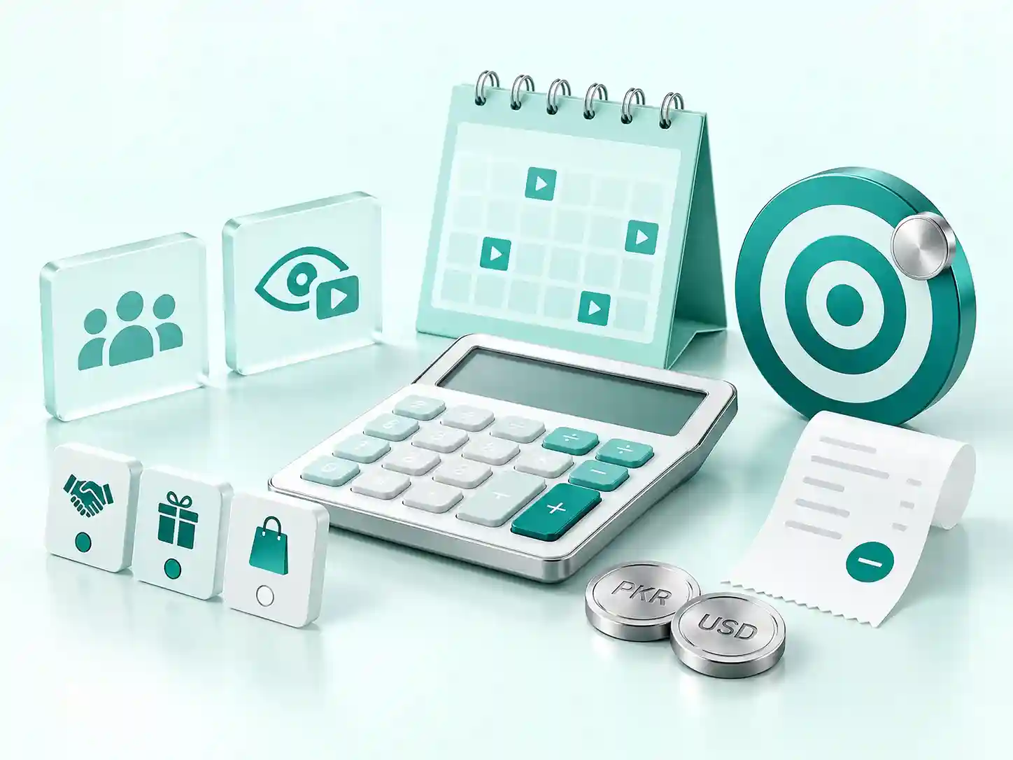 TikTok income planning illustration with creator metrics, posting calendar, income channels, production costs, and a monthly target.