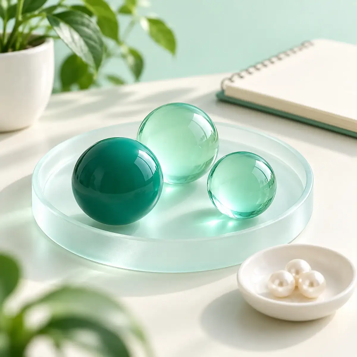 A solid teal sphere, translucent mint spheres, and grouped pearl beads arranged on white trays.