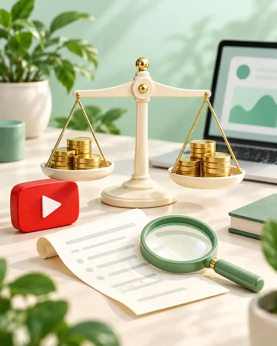 Balance scale, coins, and a receipt representing revenue and operating costs